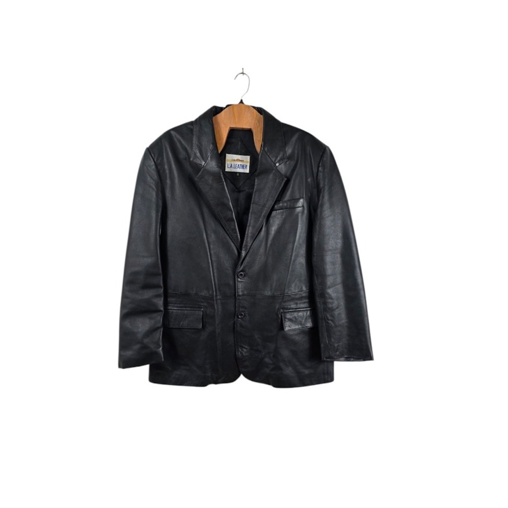 L.A. Leather Blazer Jacket Mens 46 Black Genuine Leather Two Button Coat Vintage